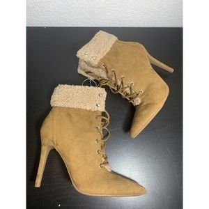Jessica Simpson Heeled Faux Fur Tan Suede Pirlie‎ Fuzzy Shearling Booties Womens